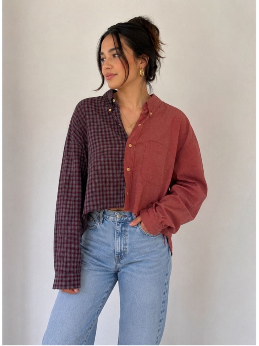 Timberjune Women’s Small Patchwork Cropped Button-Up Shirt Upcycled Boho Plaid